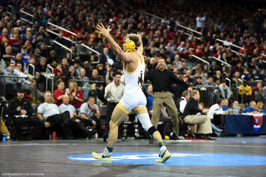 Cowboy wrestler Bryce Meredith earned All-American status on Saturday, and was the first Cowboy since 1996 to wrestle for a championship. (Photo via Joe Faraoni/ESPN Images)