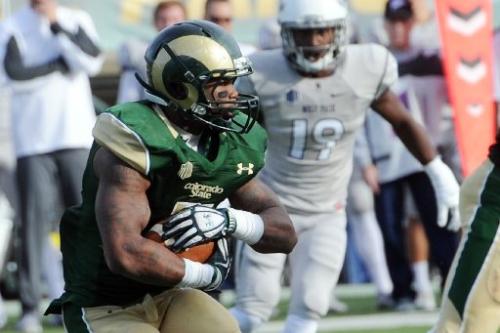 Colorado State running back Kapri Bibbs rushes for a chunk of his 312 yards vs Nevada this past weekend. Colorado State went on to win 38-17. (Photo via Steve Stoner/Reporter Herald)