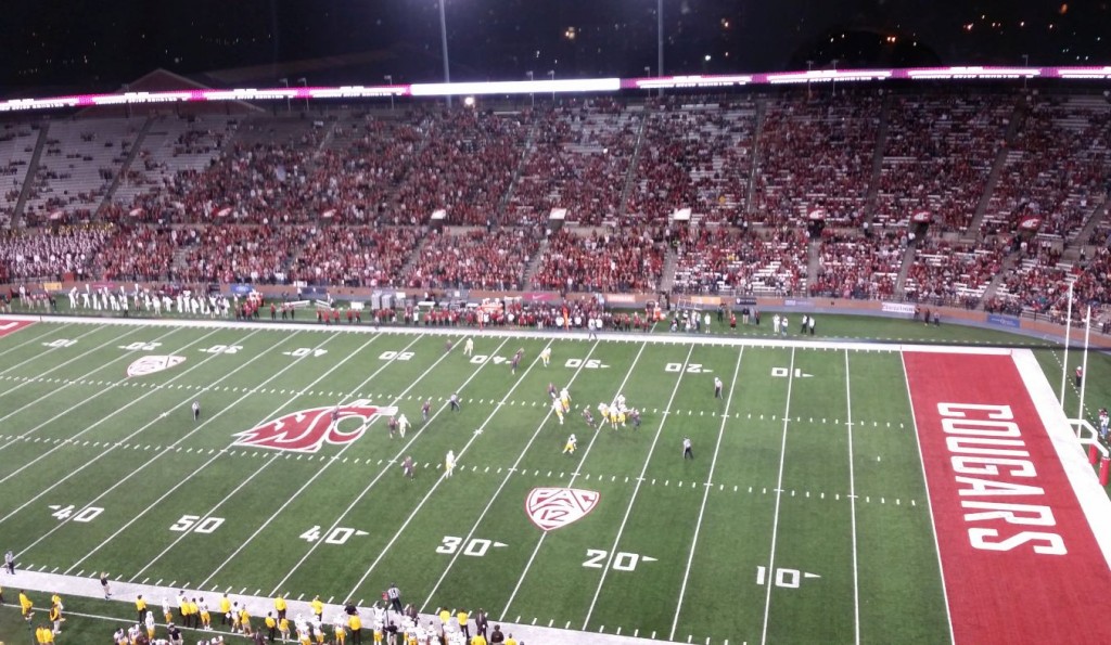 Wyoming traveled to Pullman, WA to take on the Washington State Cougars on Saturday night. The Cowboys lost the game against their PAC12 opponent 31-14. Above, a crowd of 31,105 looks on Saturday night. 